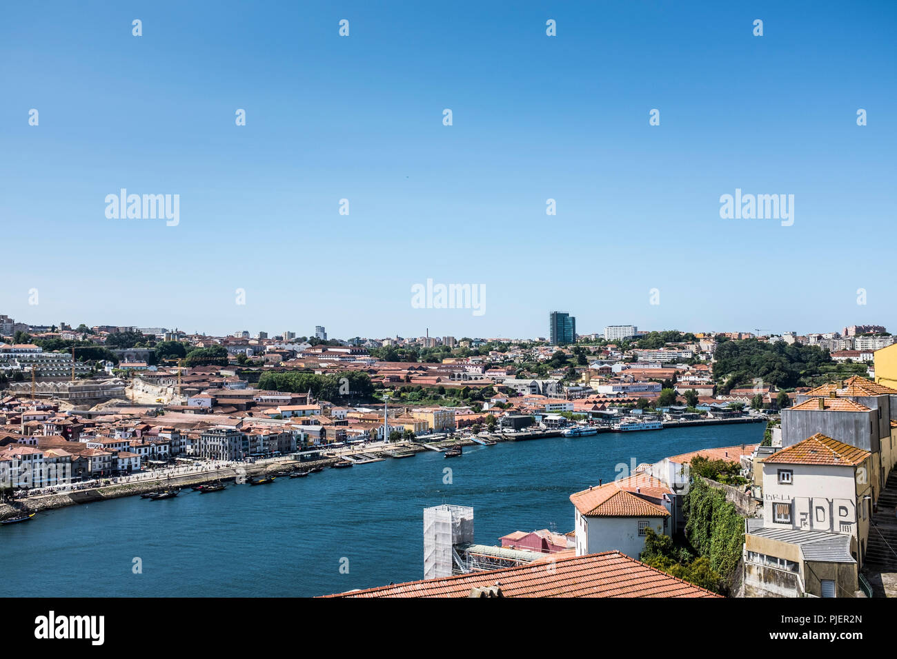 View towards Vila Nova de Gaia from Luis 1 bridge, Porto, Portugal. Stock Photo