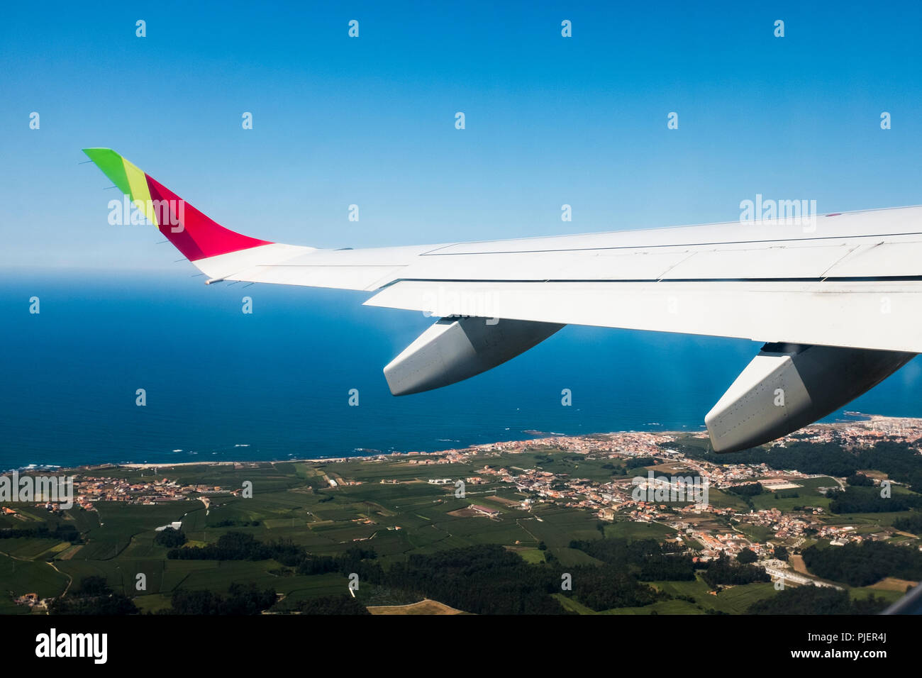 Flying over Northen Portugal with TAP Air Portugal. Stock Photo