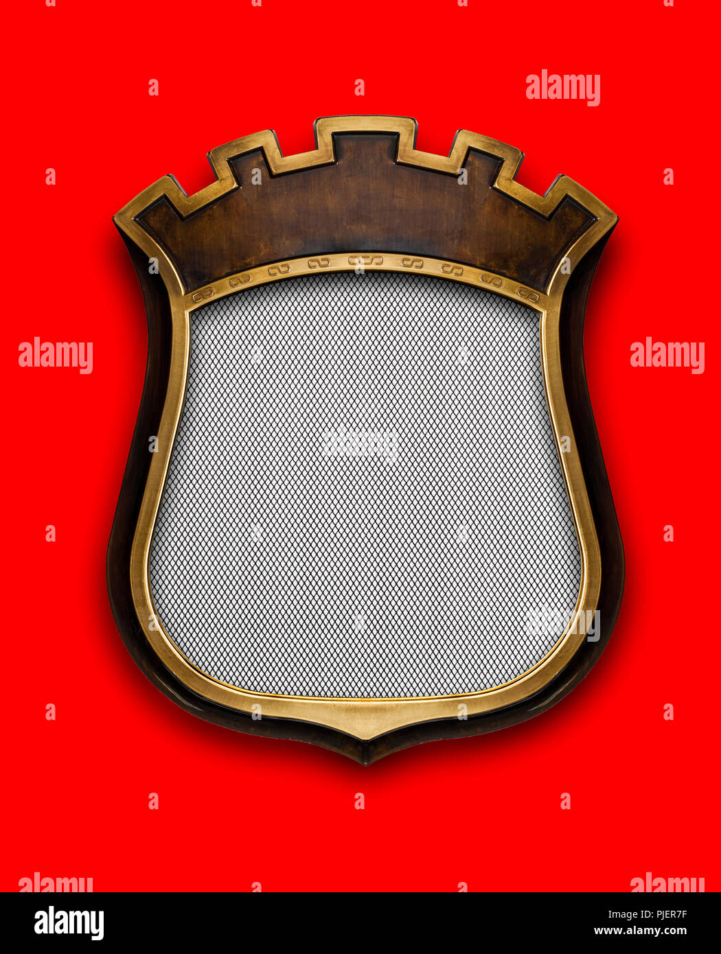 Heraldic shield diploma in wooden frame isolated on red Stock Photo