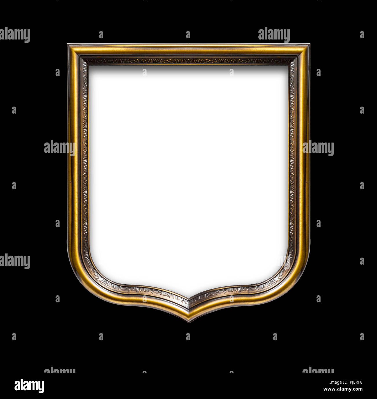 Heraldic shield diploma in wooden frame isolated on black Stock Photo