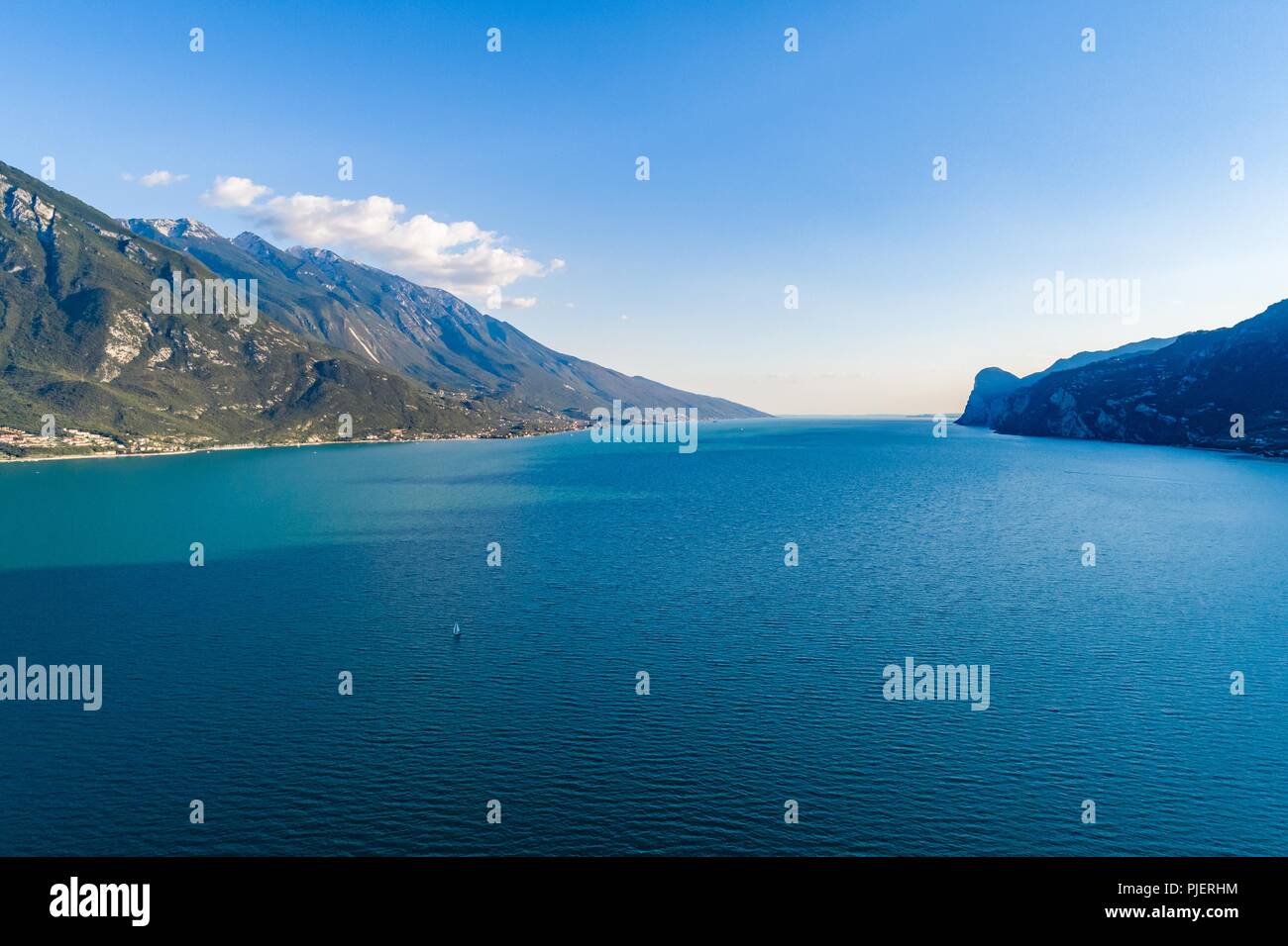 Aerial drone view on Lake Garda in Italy, Limone sul Garda Stock Photo