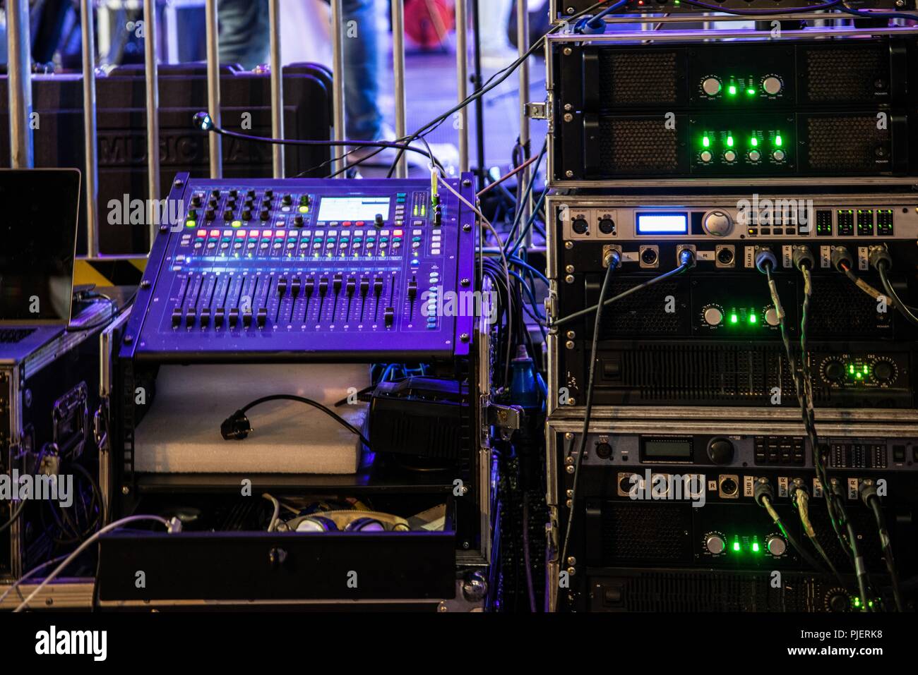 Dj mixing console and music audio amplifiers on concert Stock Photo Alamy
