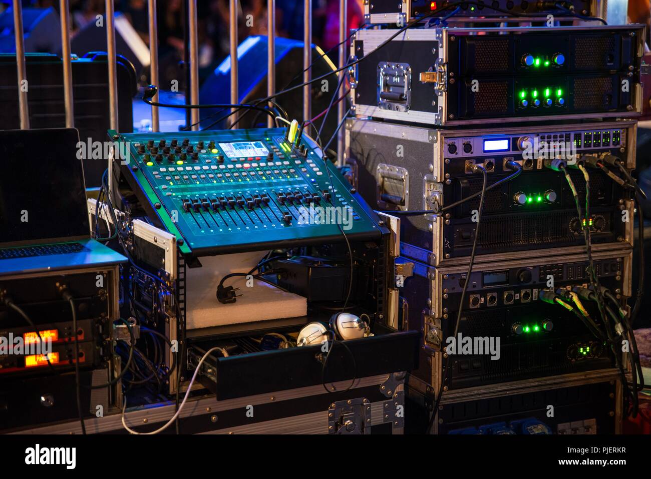 Music audio amplifiers and dj mixing console on concert Stock Photo Alamy