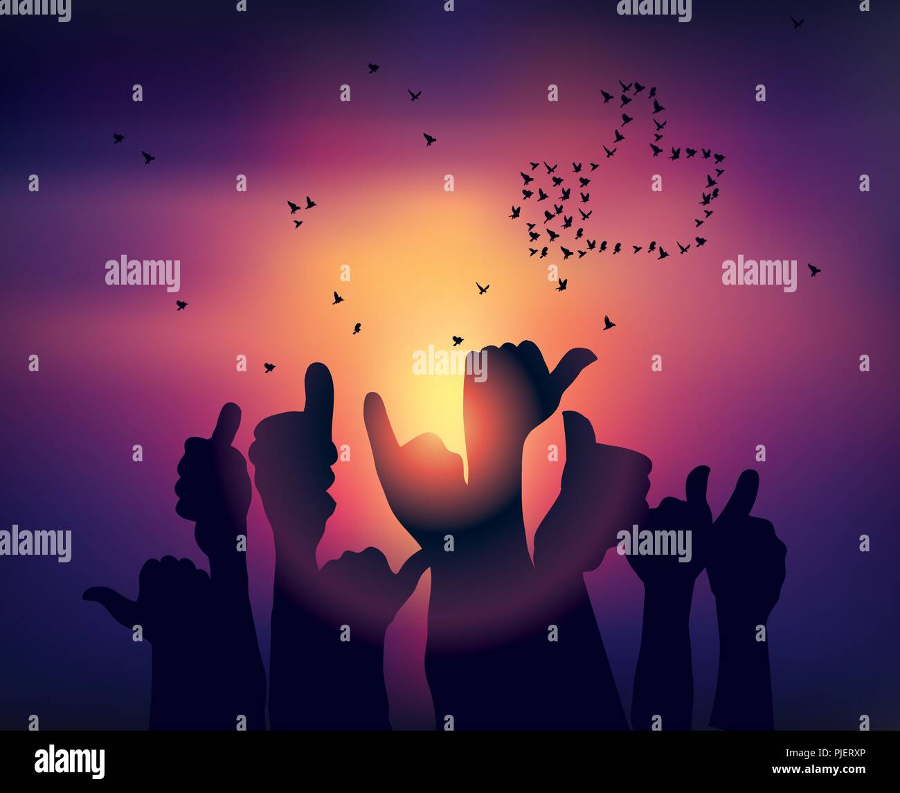 Silhouettes of hands like symbol and birds sunset Stock Vector