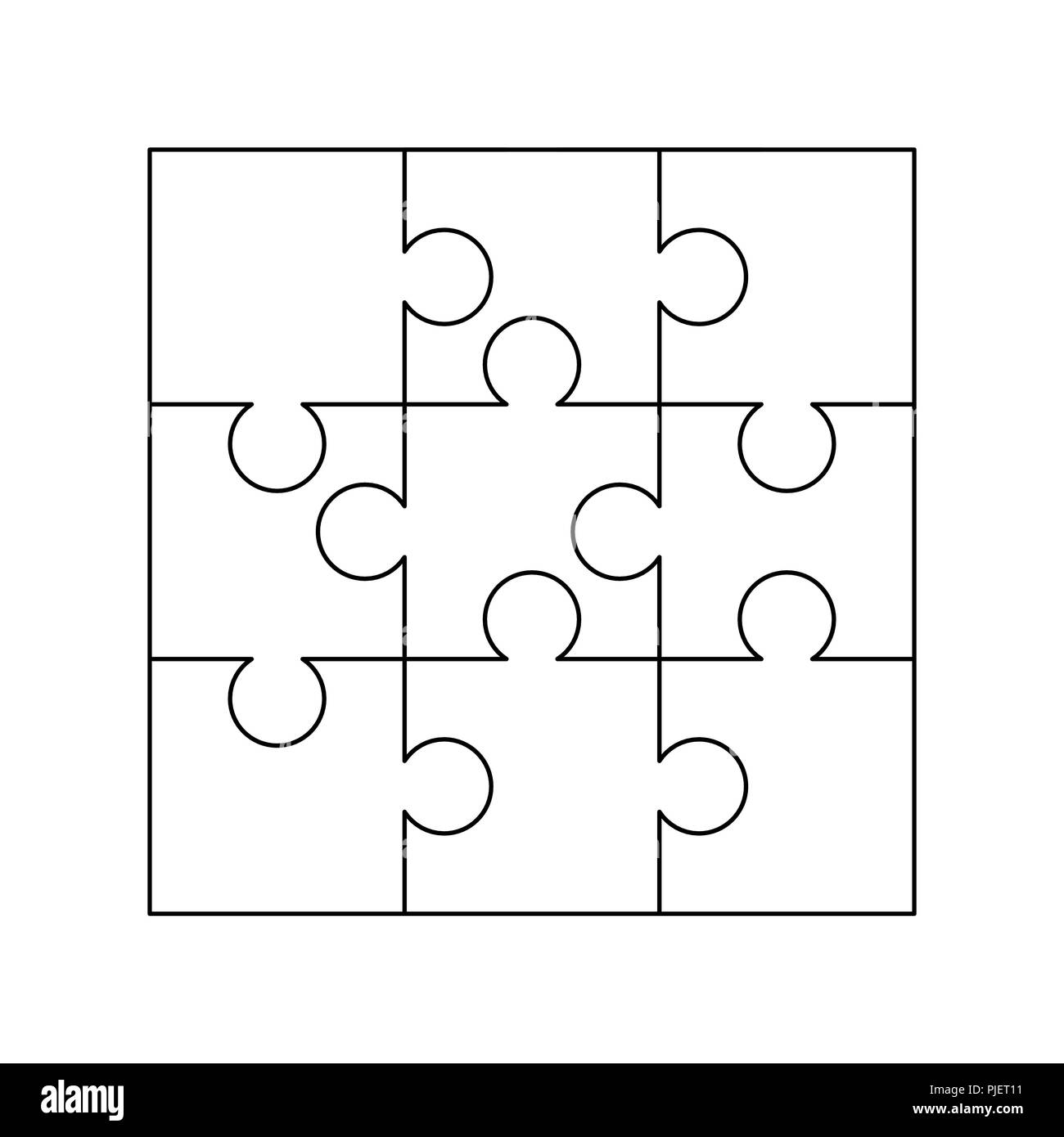 9 white puzzles pieces arranged in a square. Jigsaw Puzzle template ready  for print. Cutting guidelines isolated on white Stock Vector Image & Art -  Alamy