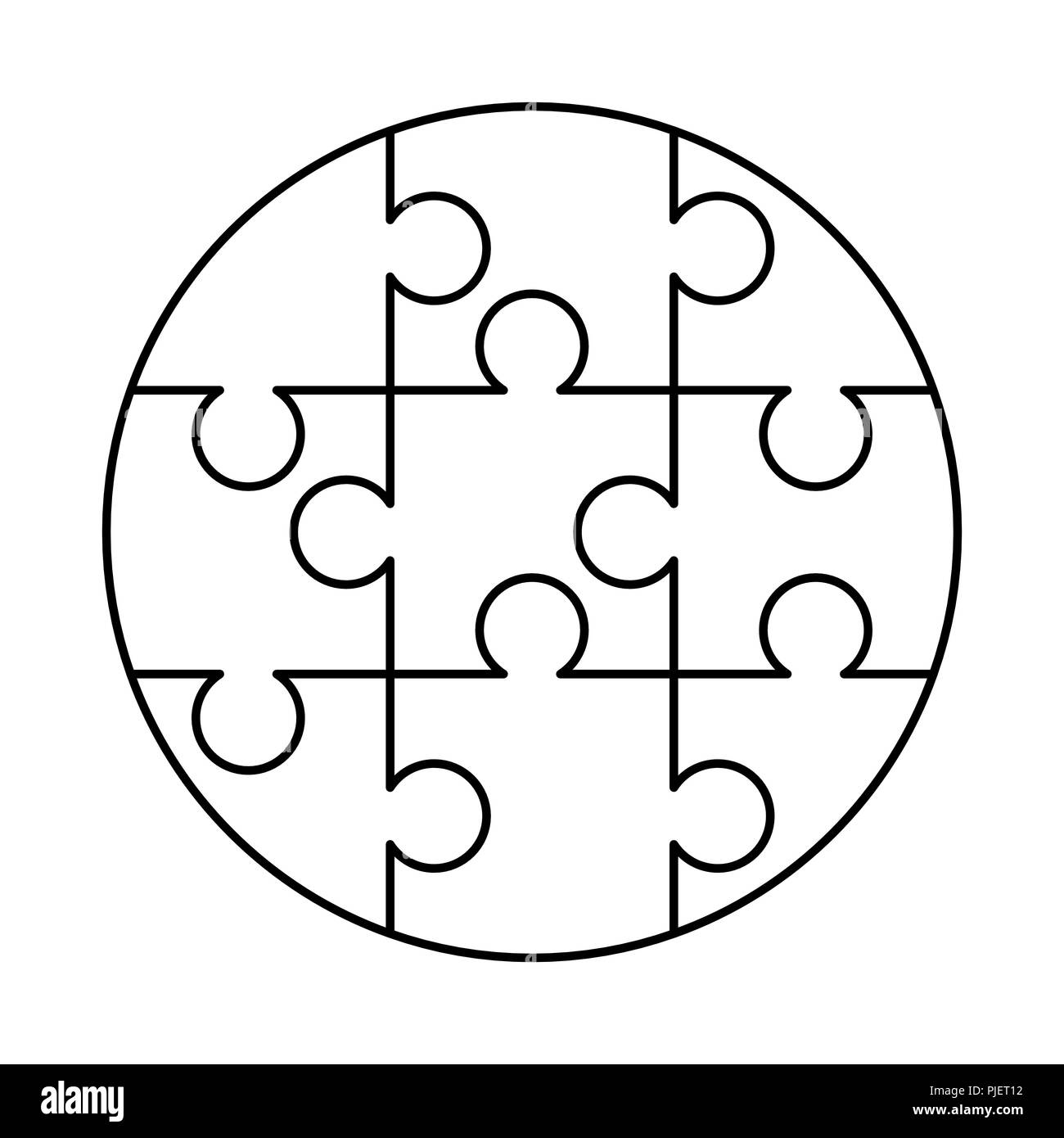 9 white puzzles pieces arranged in a round shape. Jigsaw Puzzle template  ready for print. Cutting guidelines isolated on white Stock Vector Image &  Art - Alamy