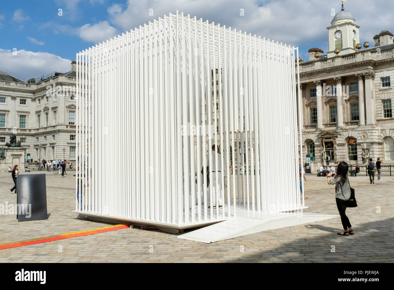 London, UK. 6th September 2018. International design teams from 40 countries are exhibiting interactive design installations on the theme of Emotional States at Somerset House during the London Design Biennale 2018. The exhibition runs from 4-23 September. Pictured: Housemotion (Turkey). Tabanhoglu Architects' installation considers the meaning of home in an age of increasingly transient living. Credit: mark phillips/Alamy Live News Stock Photo
