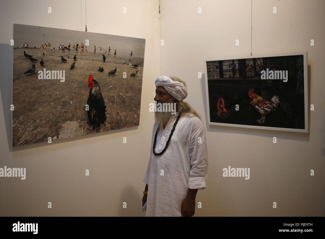 Dhaka, Bangladesh. 4th Sep, 2018. A man shows photograph by Md Enamul Kabir at 18th Asian Art Biennale at Shilpakala Academy, a monthly long expiation open national gallery as first Asian Art biennale was held in Bangladesh in 1981. Credit: MD Mehedi Hasan/ZUMA Wire/Alamy Live News Stock Photo