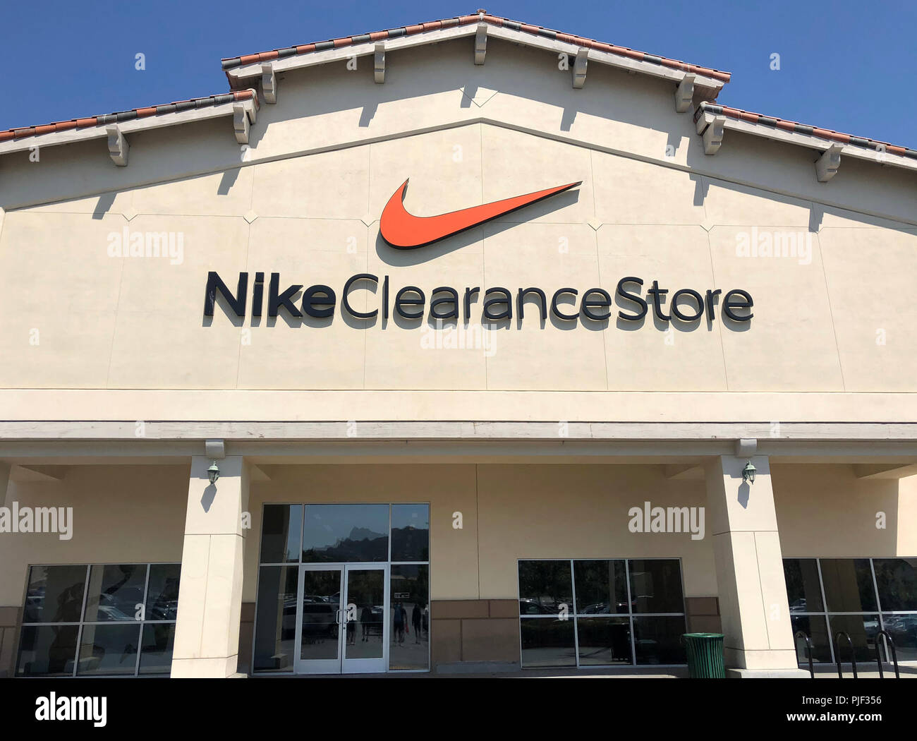 Stevenson Ranch, United States. 16th Aug, 2018. General overall view of the swoosh at the Nike Clearance store at the Valencia in Stevenson Ranch (Santa Clarita), Calif., Thursday, August 16,