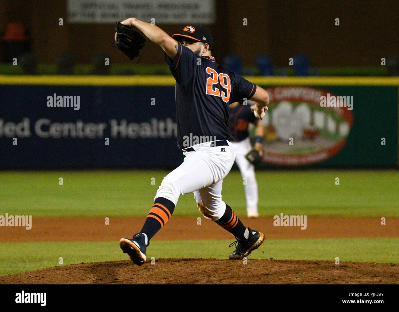 The Second Round. 6th Sep, 2018. USA Bowling Green Hot Rods pitcher Tommy Romero (29) throws a pitch during a Mid West League series between the Lansing Lugnuts and the Bowling Green Hot Rods in Bowling Green, KY st Bowling Green Ballpark. Hot Rods sweep Lugnuts and advance to the second round. (Mandatory Photo Credit: Steve Roberts/CSM) Credit: csm/Alamy Live News Stock Photo