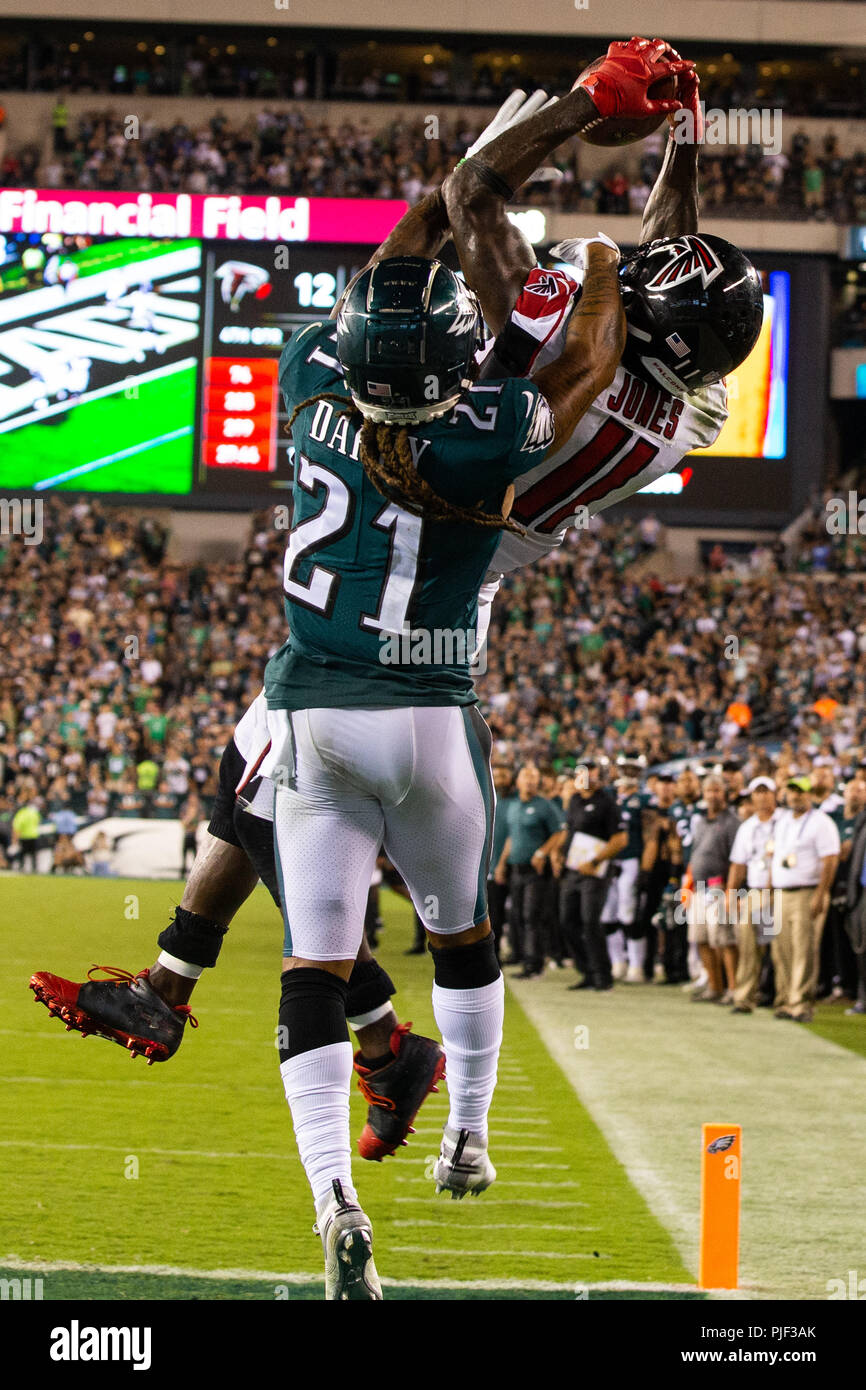 Philadelphia, Pennsylvania, USA. 7th Sep, 2018. Philadelphia Eagles cornerback Ronald Darby (21) defends the pass attempt for Atlanta Falcons wide receiver Julio Jones (11) in the last second of the NFL game between the Atlanta Falcons and the Philadelphia Eagles at Lincoln Financial Field in Philadelphia, Pennsylvania. Christopher Szagola/CSM/Alamy Live News Stock Photo