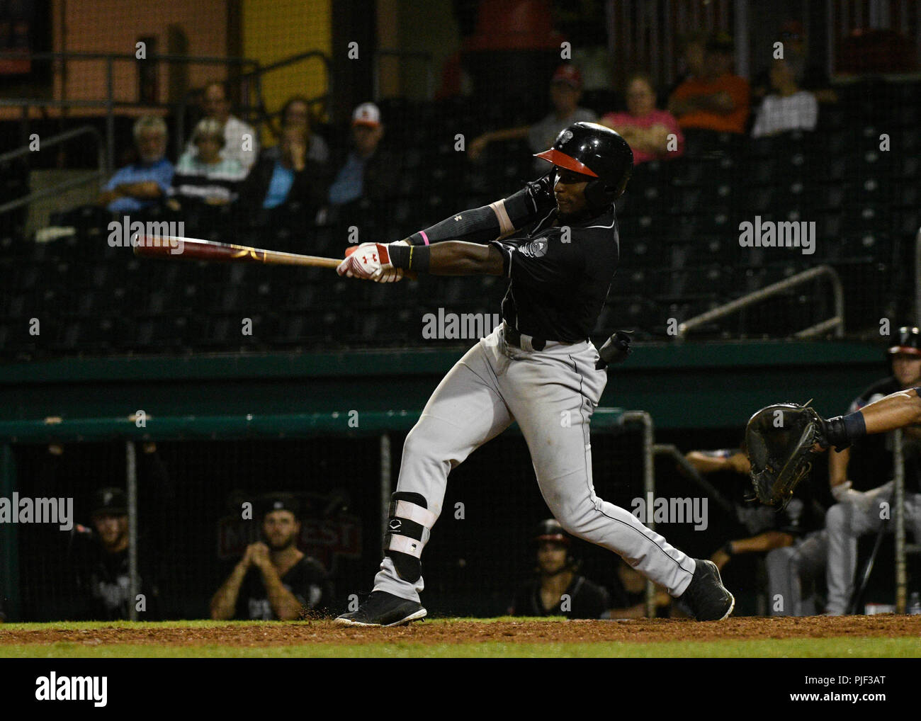 The Second Round. 6th Sep, 2018. USA Lansing Lugnuts left fielder Norberto Obeso (9) gets a double during a Mid West League series between the Lansing Lugnuts and the Bowling Green Hot Rods in Bowling Green, KY st Bowling Green Ballpark. Hot Rods sweep Lugnuts and advance to the second round. (Mandatory Photo Credit: Steve Roberts/CSM) Credit: csm/Alamy Live News Stock Photo
