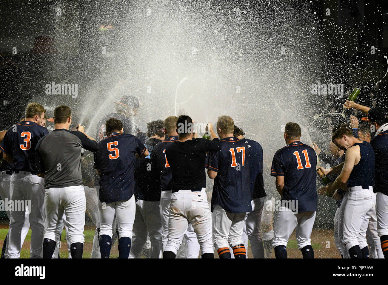 September 6, 2018; Bowling Green KY, USA Bowling Green Hot Rods celebrate the sweep during a Mid West League series between the Lansing Lugnuts and the Bowling Green Hot Rods in Bowling Green, KY st Bowling Green Ballpark. Hot Rods sweep Lugnuts and advance t round two. (Mandatory Photo Credit: Steve Roberts/CSM) Stock Photo