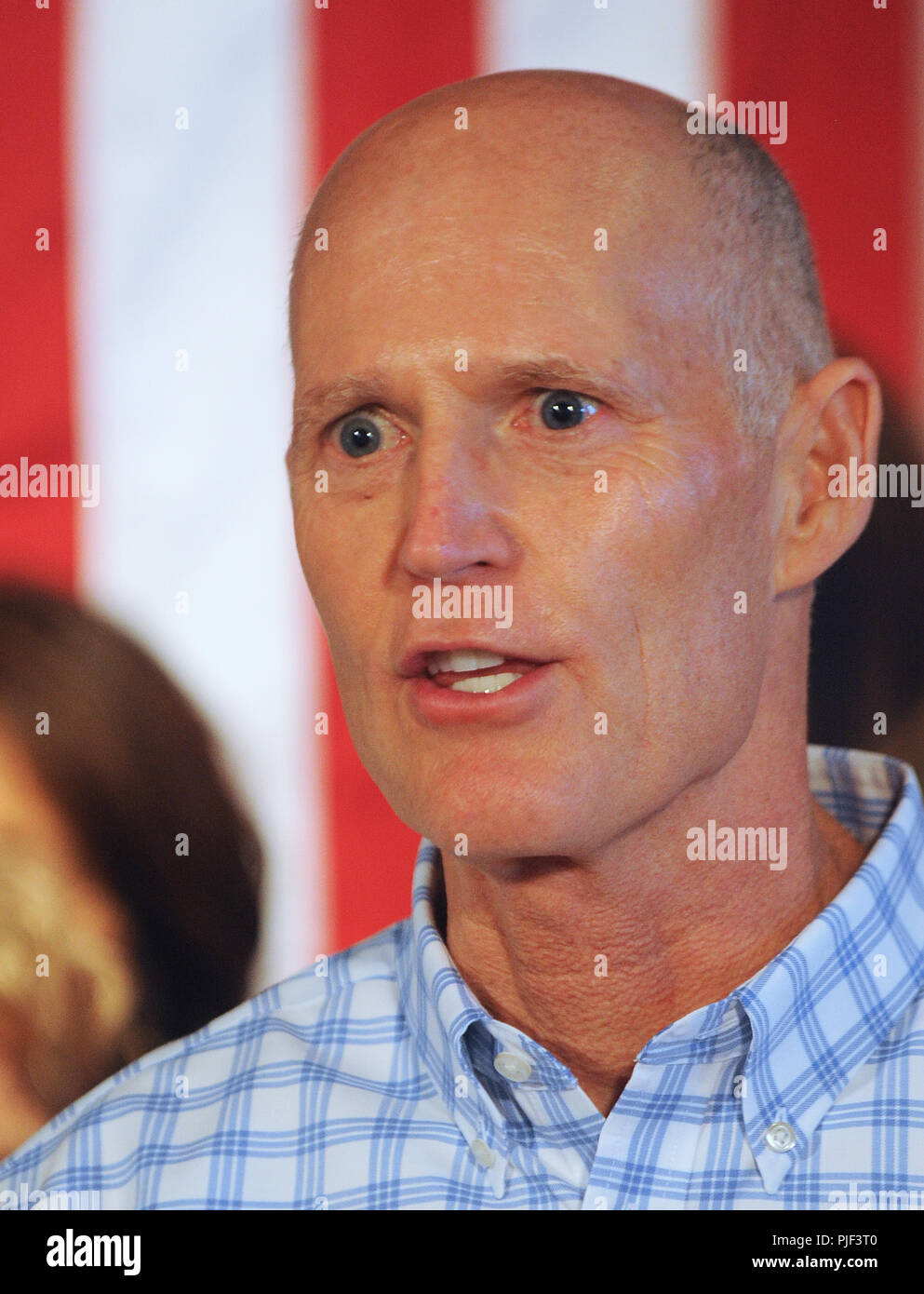 Orlando, Florida, USA. September 6, 2018 - Orlando, Florida, United States -  Florida Governor Rick Scott, Republican nominee for the U.S. Senate, addresses supporters at a Republican unity rally on September 6, 2018 at the Ace Cafe in Orlando, Florida. Scott is hoping to unseat Democratic U.S. Senator Bill Nelson. (Paul Hennessy/Alamy) Credit: Paul Hennessy/Alamy Live News Stock Photo