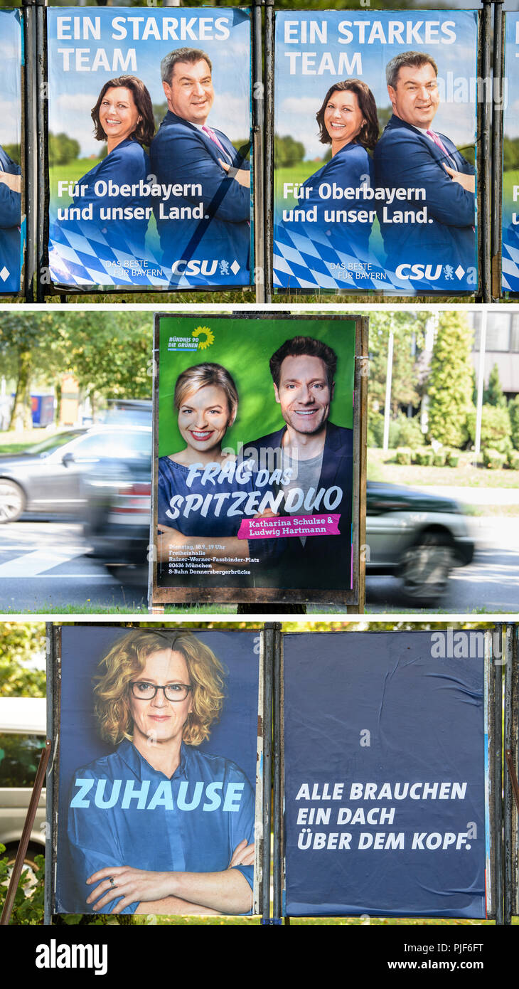 05.09.2018, Bavaria, Munich: The combo shows the election posters of CSU  (from top to bottom), Alliance 90/The Greens and SPD for the Bavarian state  elections. Above: Ilse Aigner, Bavarian Minister of State