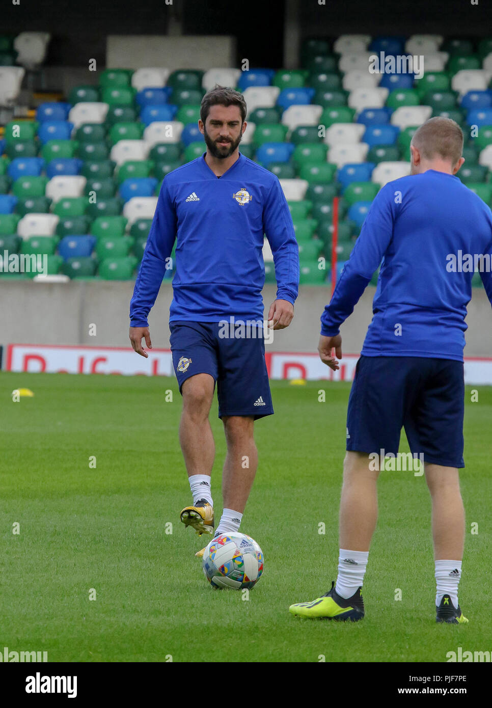Windsor Park, Belfast, Northern Ireland. 07 September 2018. Northern Ireland in training this morning at Windsor Park before tomorrow night's UEFA Nations League at the stadium against Bosnia & Herzegovina. Will Grigg at training. Credit: David Hunter/Alamy Live News. Stock Photo