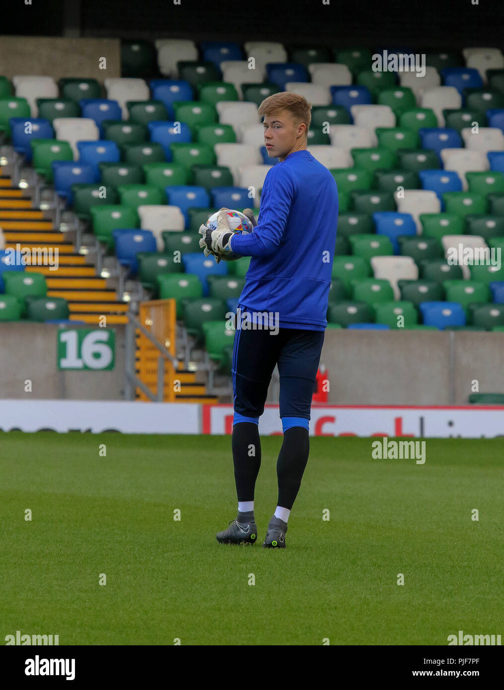 Windsor Park, Belfast, Northern Ireland. 07 September 2018. Northern Ireland in training this morning at Windsor Park before tomorrow night's UEFA Nations League at the stadium against Bosnia & Herzegovina. Goalkeeper Bailey Peacock-Farrell at training. Credit: David Hunter/Alamy Live News. Stock Photo