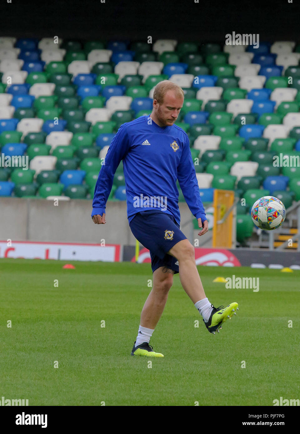 Windsor Park, Belfast, Northern Ireland. 07 September 2018. Northern Ireland in training this morning at Windsor Park before tomorrow night's UEFA Nations League at the stadium against Bosnia & Herzegovina. Liam Bpyce in training. Credit: David Hunter/Alamy Live News. Stock Photo