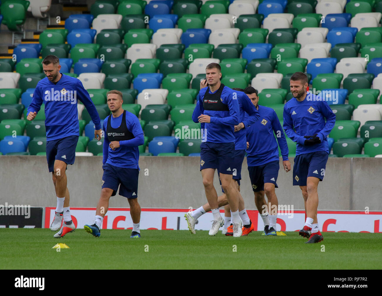 Windsor Park, Belfast, Northern Ireland. 07 September 2018. Northern Ireland in training this morning at Windsor Park before tomorrow night's UEFA Nations League at the stadium against Bosnia & Herzegovina. Paddy McNair (centre). Credit: David Hunter/Alamy Live News. Stock Photo