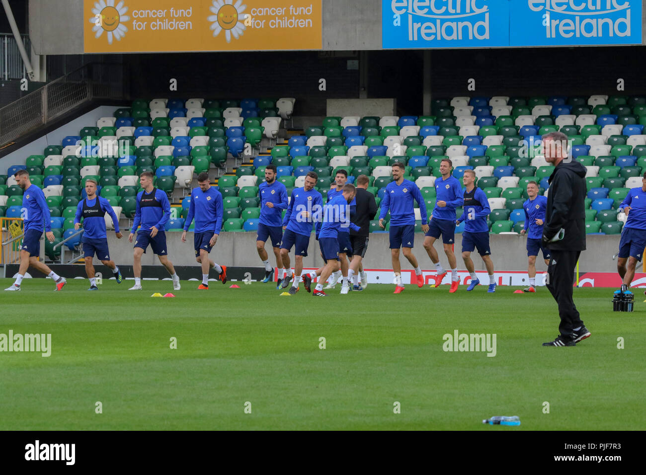 Windsor Park, Belfast, Northern Ireland. 07 September 2018. Northern Ireland in training this morning at Windsor Park before tomorrow night's UEFA Nations League at the stadium against Bosnia & Herzegovina. Credit: David Hunter/Alamy Live News. Stock Photo