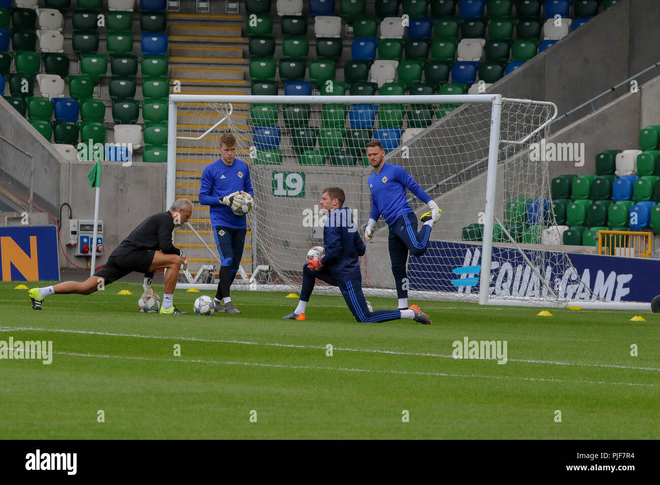 Windsor Park, Belfast, Northern Ireland. 07 September 2018. Northern Ireland in training this morning at Windsor Park before tomorrow night's UEFA Nations League at the stadium against Bosnia & Herzegovina. Northern ireland goalkeepers in training. Credit: David Hunter/Alamy Live News. Stock Photo