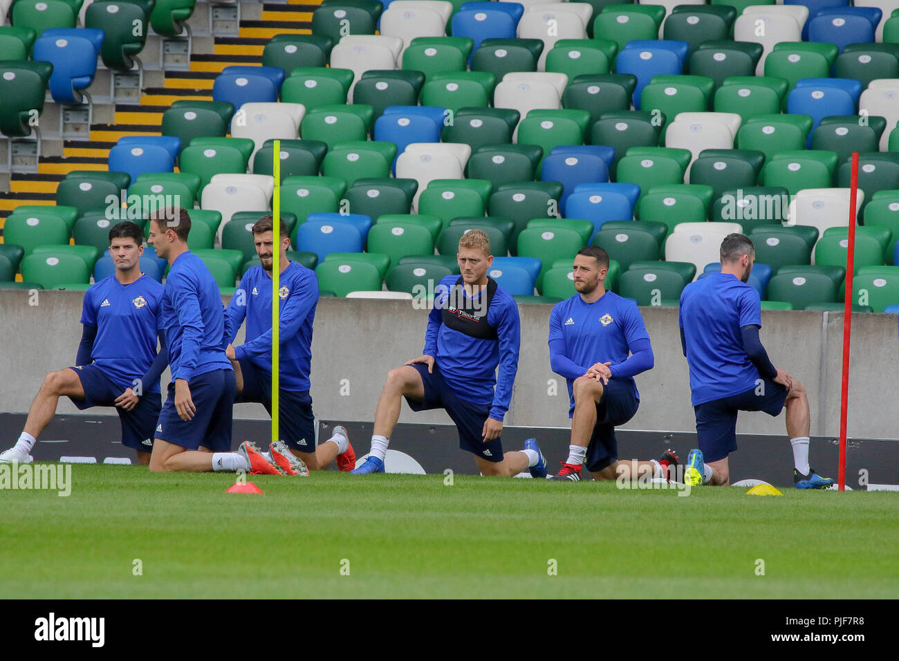 Windsor Park, Belfast, Northern Ireland. 07 September 2018. Northern Ireland in training this morning at Windsor Park before tomorrow night's UEFA Nations League at the stadium against Bosnia & Herzegovina. Credit: David Hunter/Alamy Live News. Stock Photo