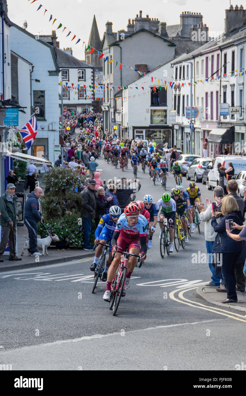 Ulverston, UK. 7th September 2018. The Tour of Britain going through Ulverston, Cumbria. Credit: Stephen Miller/Alamy Live News Stock Photo