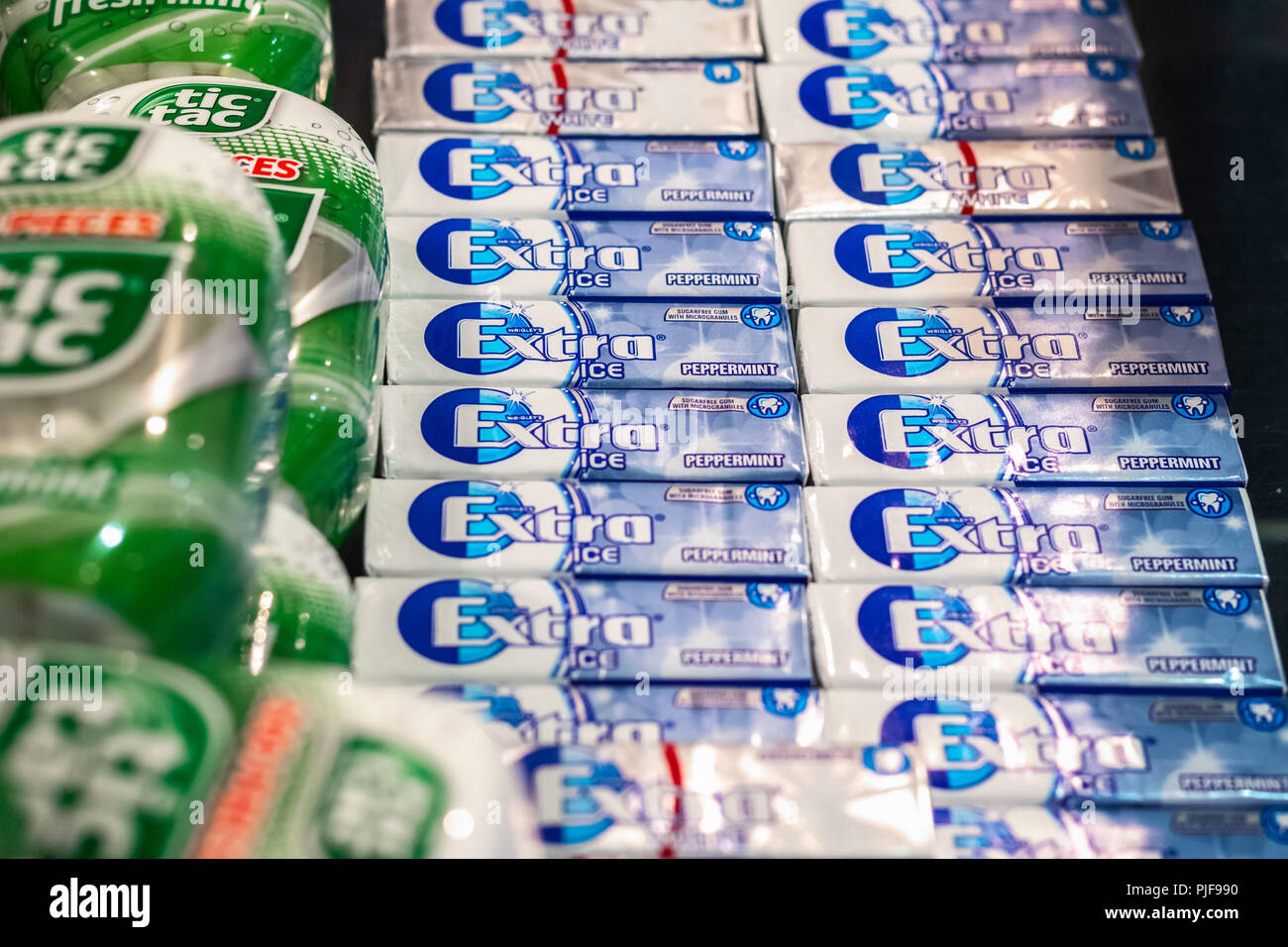 London, UK - August 12, 2018 - Extra brand sugar free chewing gum on display at a duty free shop in London Heathrow Airport Stock Photo