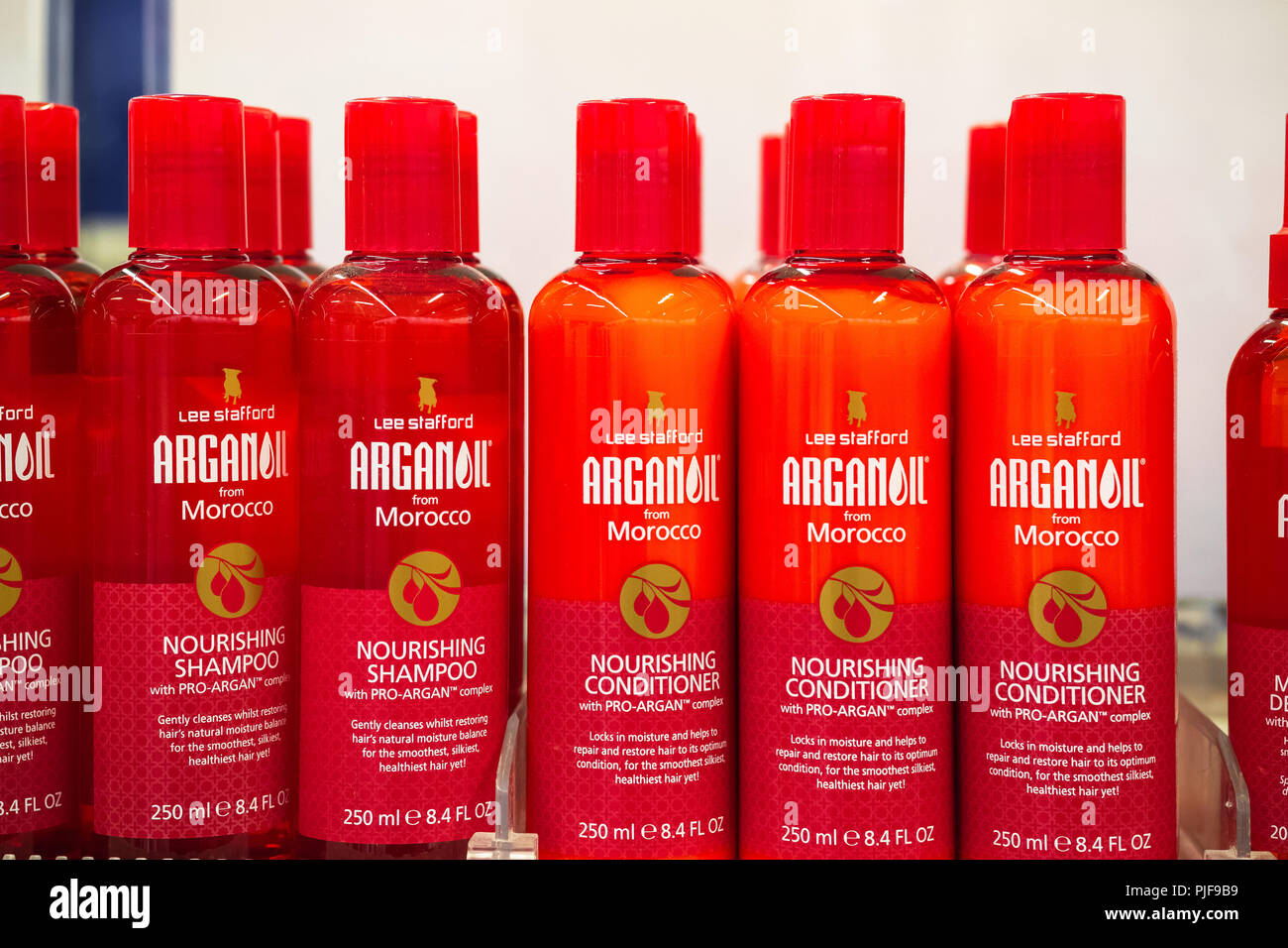 London, UK - August 12, 2018 - Lee Stafford ARGANOIL nourishing shampoo and  conditioner on display at Boots duty free shop in London Heathrow Airport  Stock Photo - Alamy