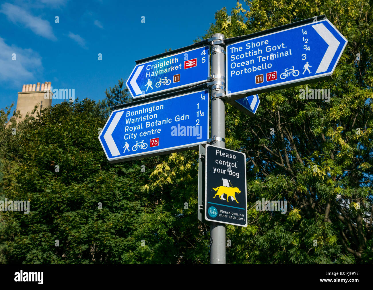 Water of Leith footpath and cycle route direction signs with control dog notice on sunny day Leith, Edinburgh, Scotland, UK Stock Photo