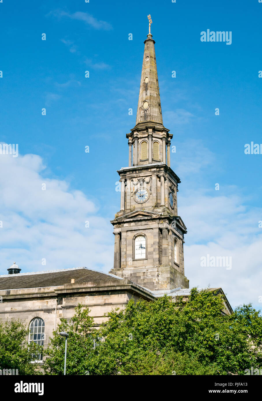 North Leith Parish Church, Church of Scotland, with tall church clock spire, built 1816 , Madeira Street, Leith, Edinburgh, Scotland, UK Stock Photo