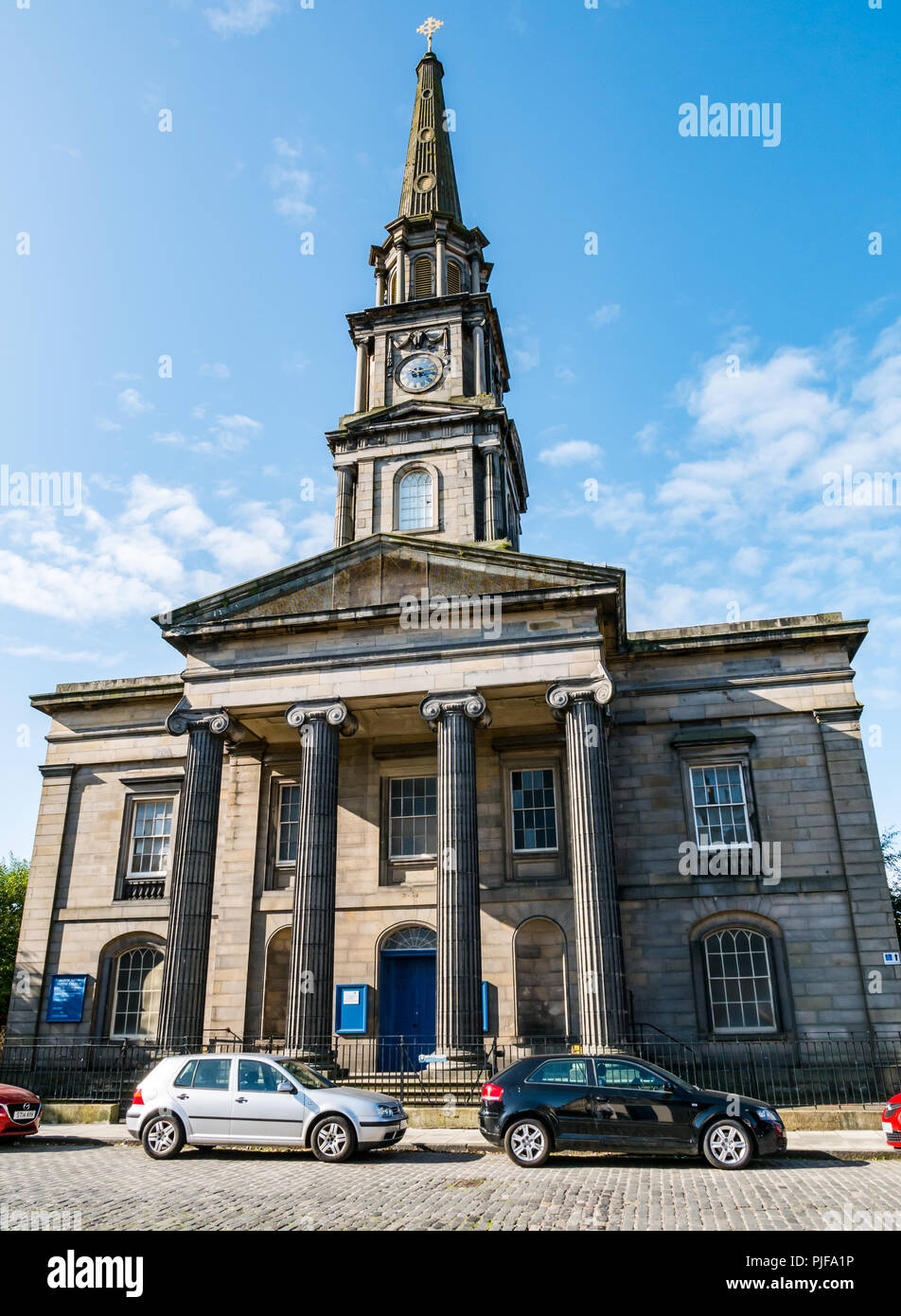 North Leith Parish Church, Church of Scotland, built 1816 with grand portico and Ionic columns, Madeira Street, Leith, Edinburgh, Scotland, UK Stock Photo