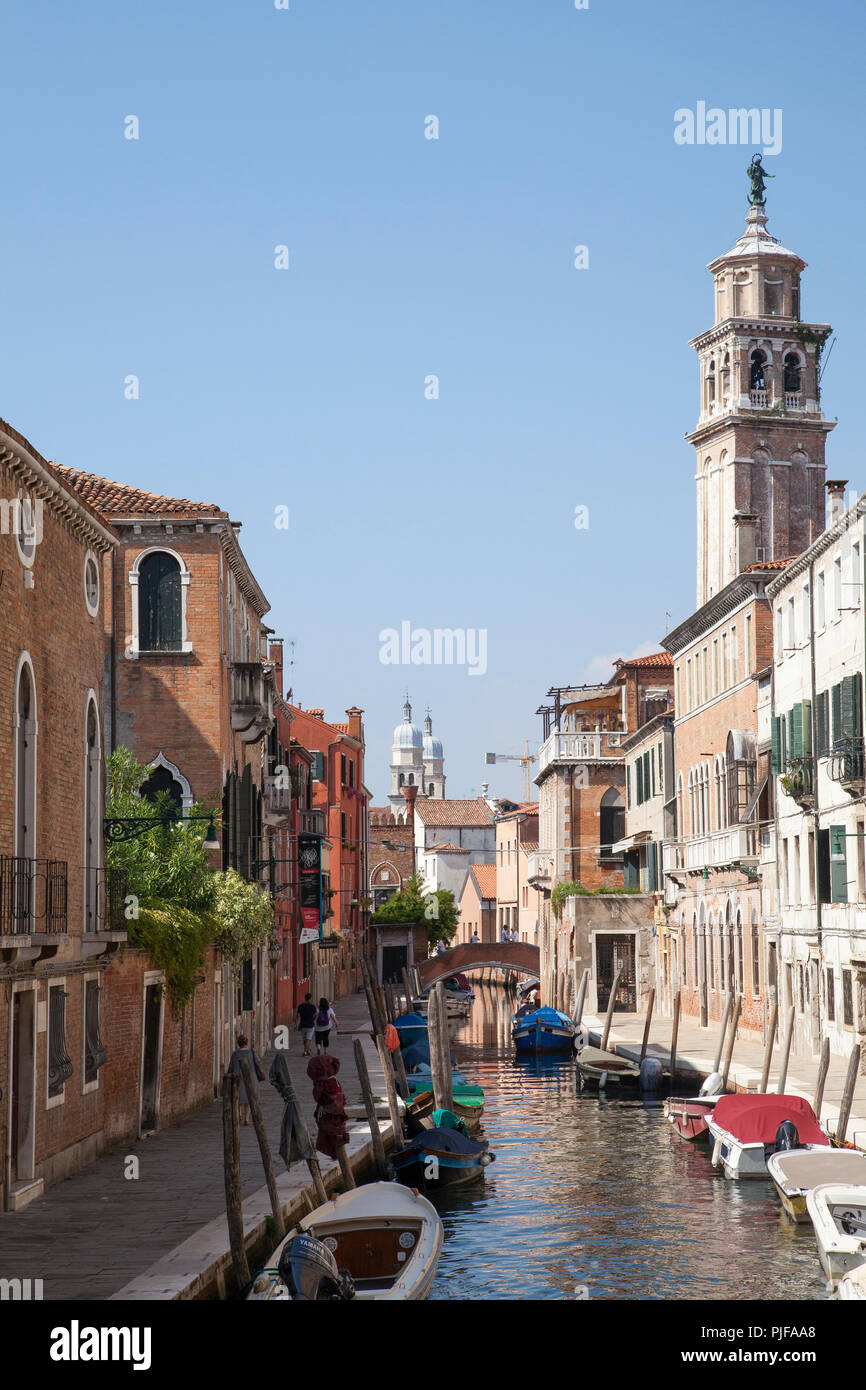 Picturesque San Barnaba Canal, Rio San barnaba, Dorsoduro, Venice, Veneto, Italy in late summer Stock Photo