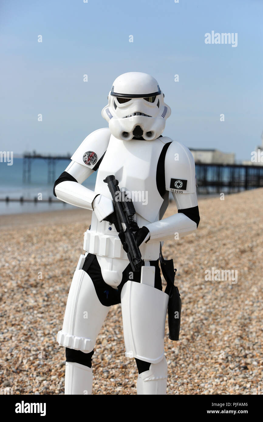 General views of a Stormtrooper pictured on Bognor Regis Beach in West Sussex, UK. Stock Photo