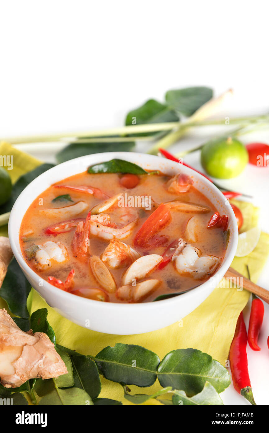 Tom Yum Goong or spicy tom yum soup with prawns shrimps Authentic