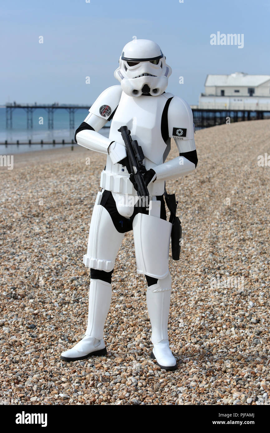 General views of a Stormtrooper pictured on Bognor Regis Beach in West Sussex, UK. Stock Photo