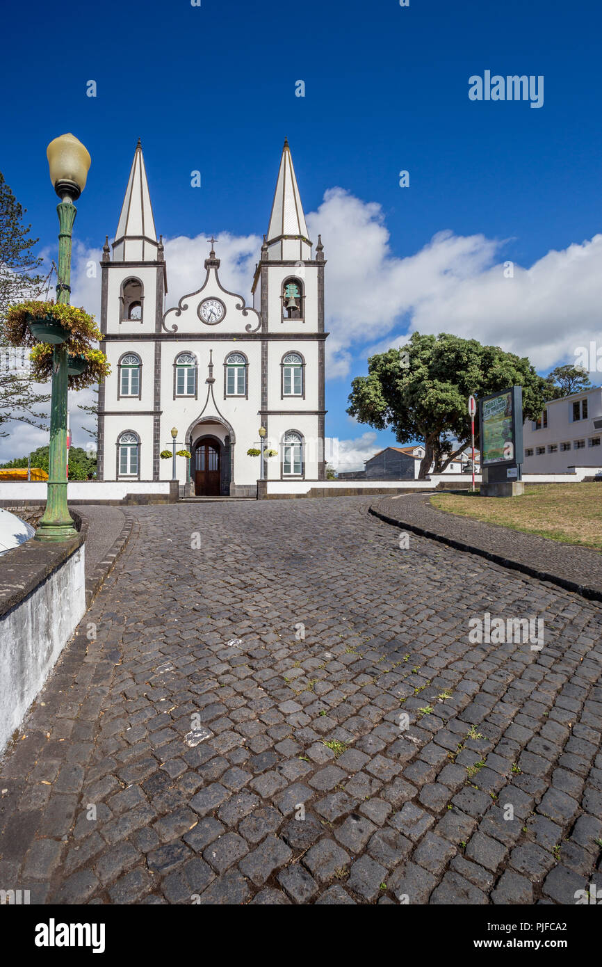 Portugal, Azores, Pico Island, Madalena, harbor view with the Igreja de Santa Madalena church Stock Photo