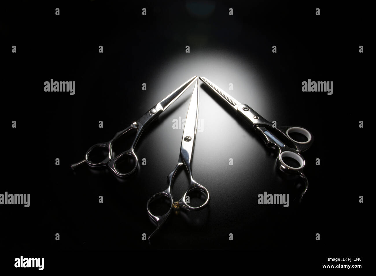 Different types of hairdressers scissors. Health and beauty concept