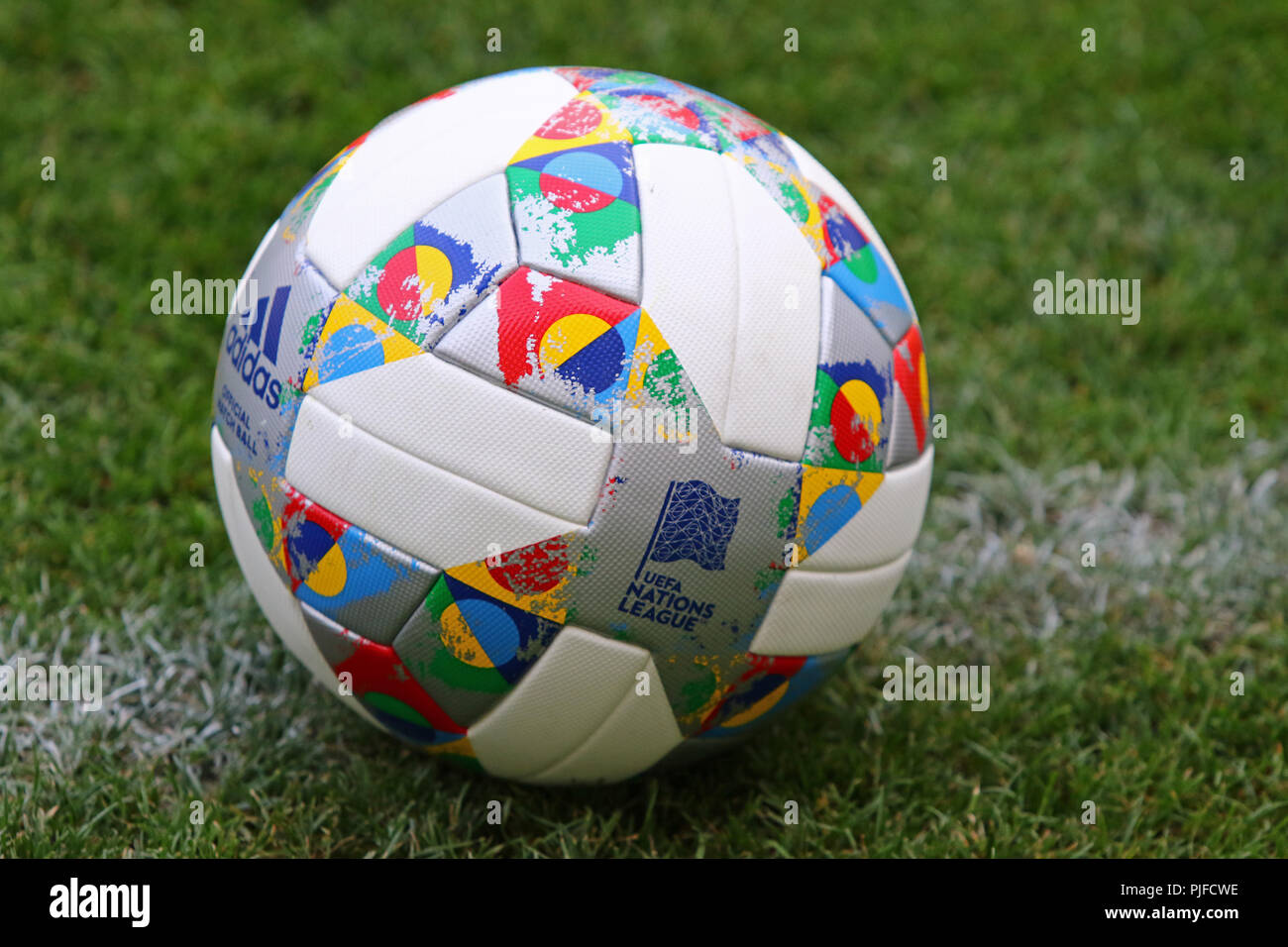 KYIV, UKRAINE - SEPTEMBER 4, 2018: Adidas Nations League, official match  ball of UEFA Nations League 2018/2019 on the grass. Ball has colorful  design Stock Photo - Alamy
