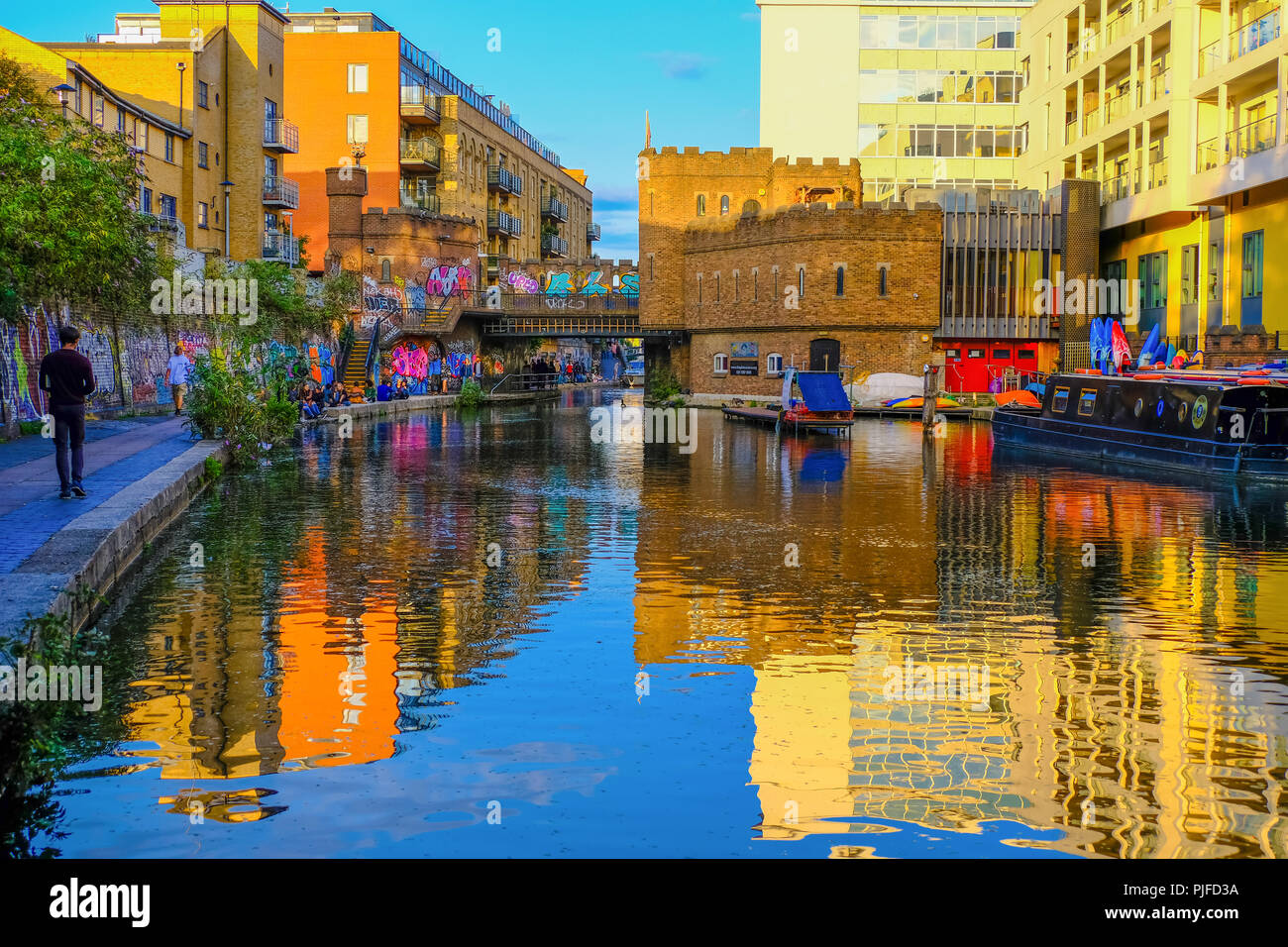 Beautiful view of Regent's Canal in London, England, at sunset in the summer Stock Photo