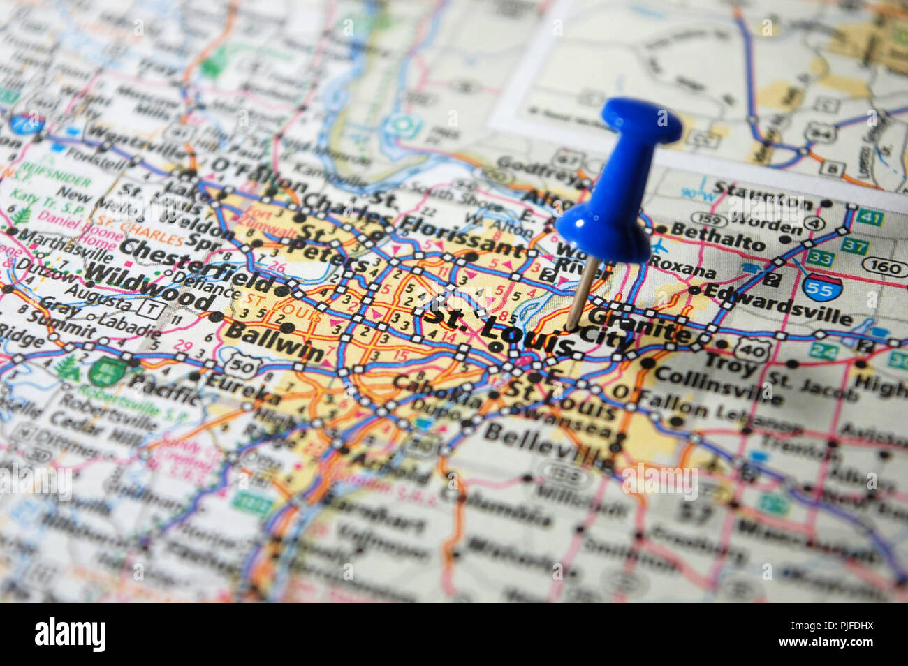 A map of St. Louis, Missouri marked with a push pin. Stock Photo