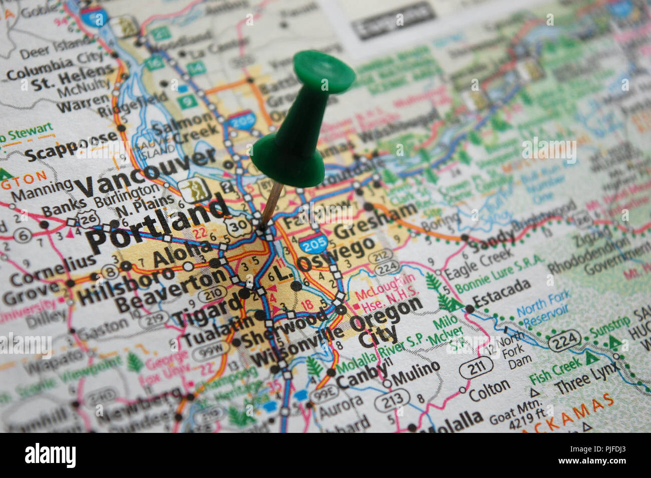A Map Of Portland Oregon Marked With A Push Pin Stock Photo Alamy