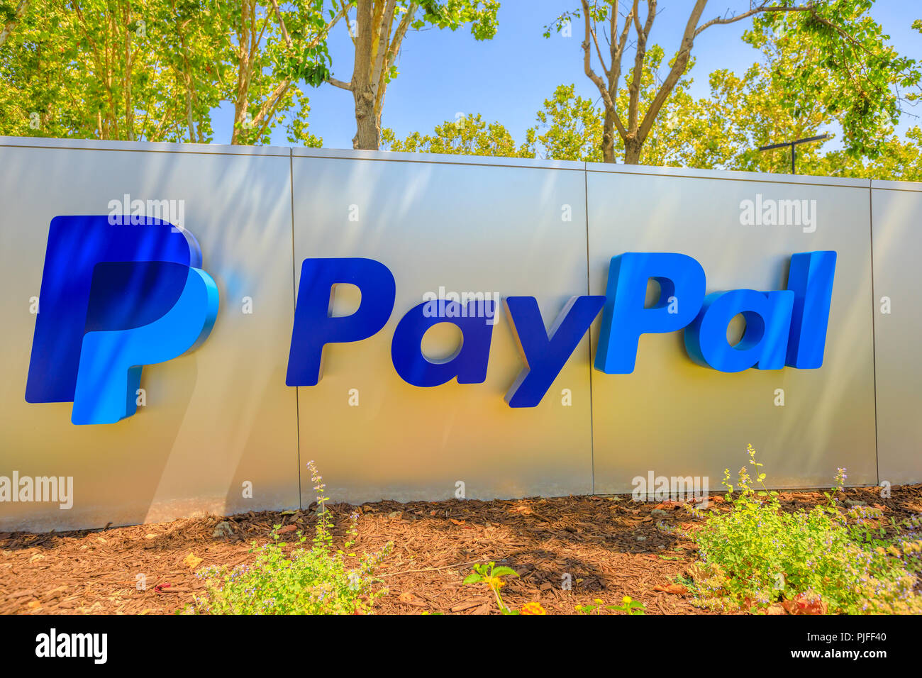 San Jose, California, United States - August 12, 2018: Paypal sign at Paypal Headquarters. Paypal is a multinational corporation that provides a virtual bank service and payments through internet Stock Photo