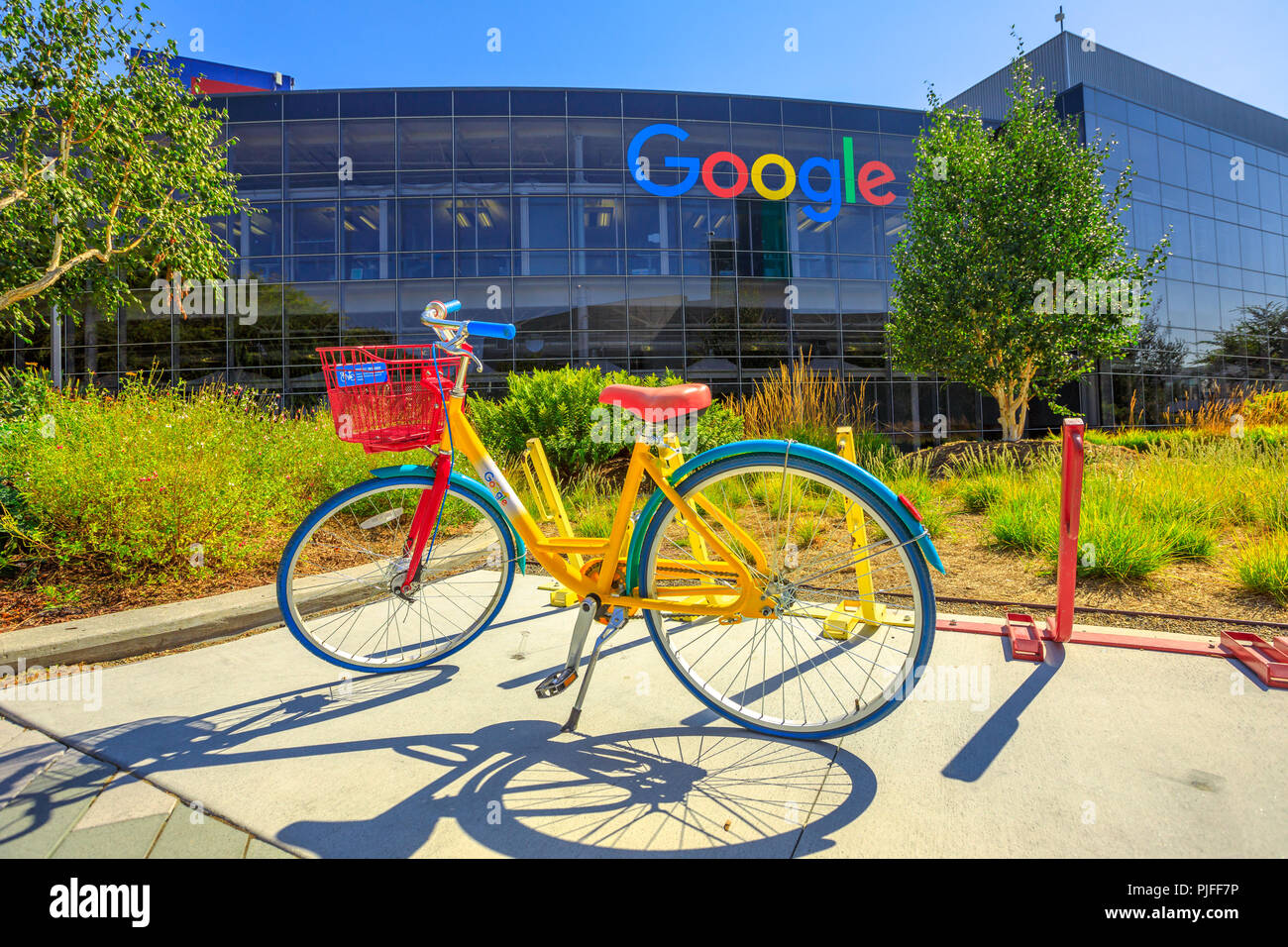 Mountain View, CA, United States - August 13, 2018: colorful bike for Google employees to move in Googleplex Headquarters. Google is a American technology company that specializes in Internet services Stock Photo