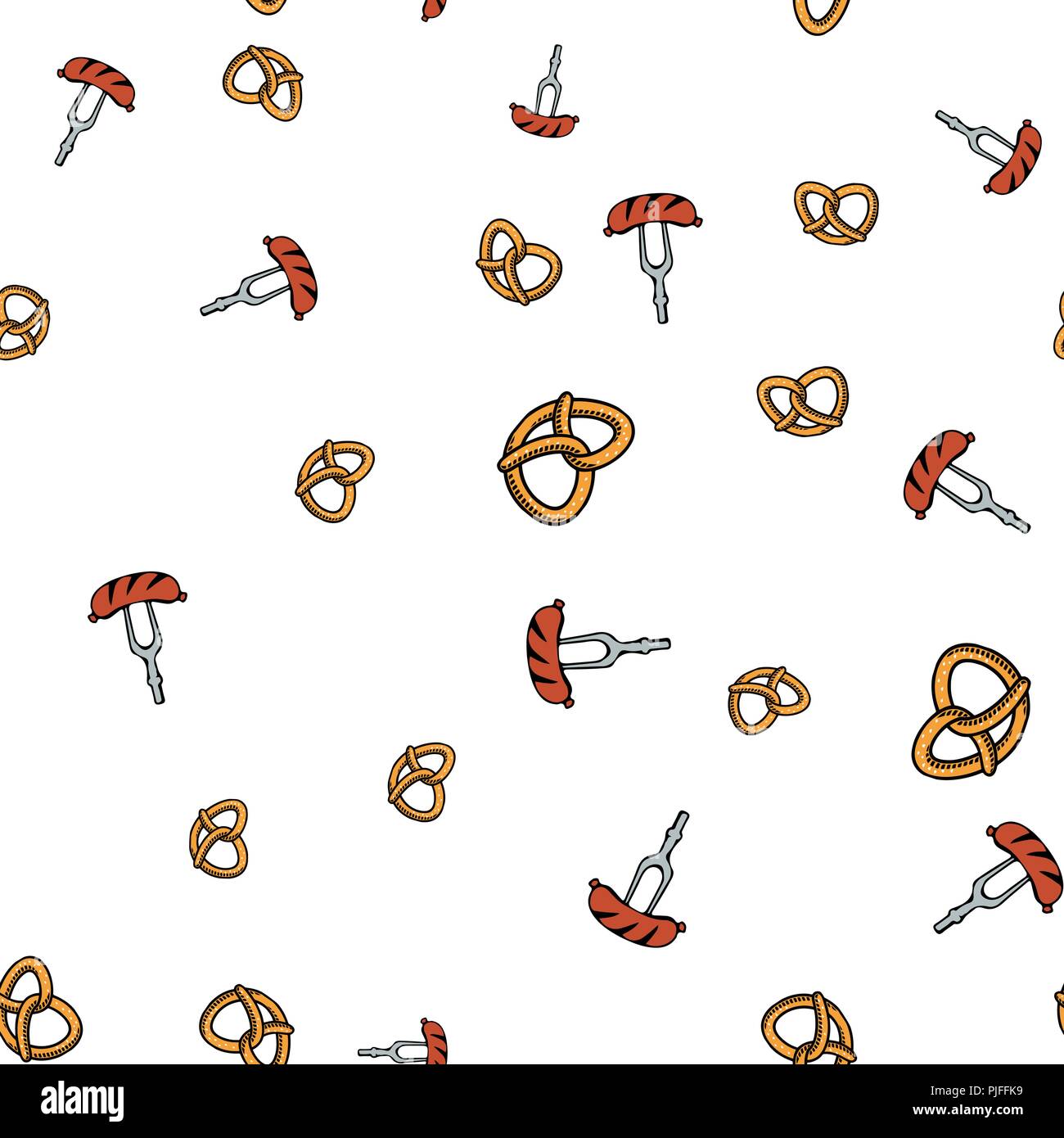 Pretzel and sausage pattern seamless. Vector illustration. Isolated white background. Stock Vector