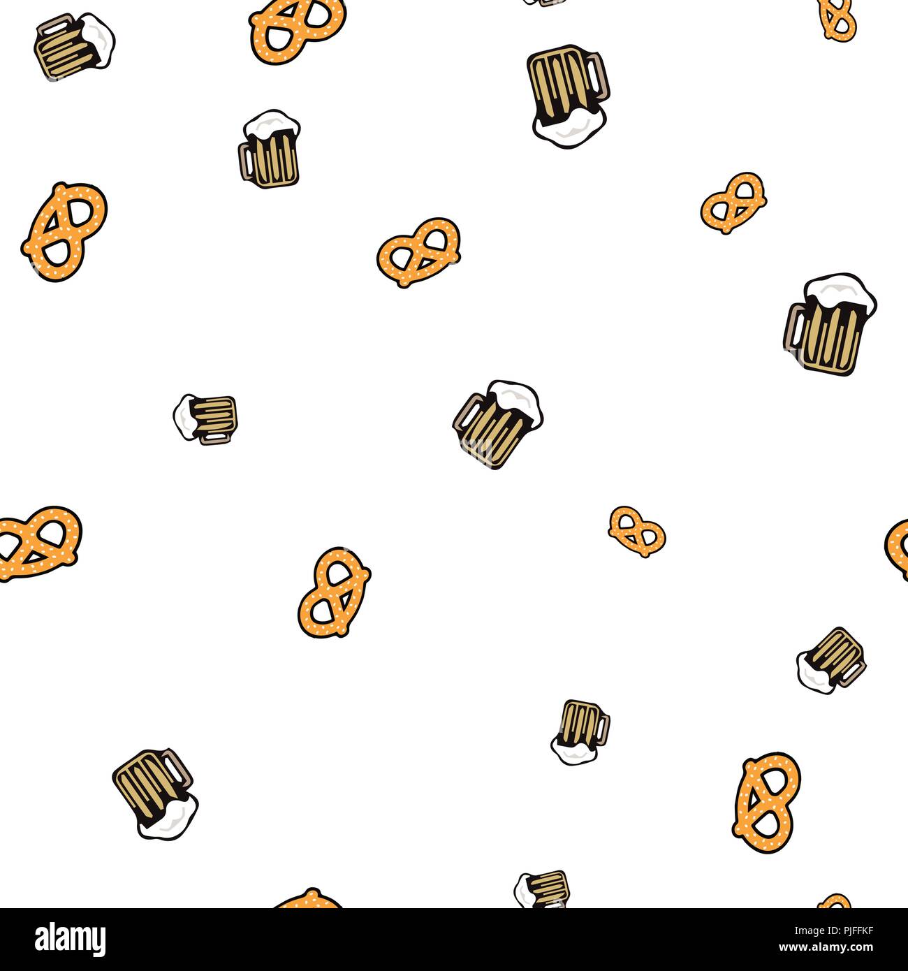 Beer and bretzel pattern seamless. Vector illustration. Isolated white background. Stock Vector