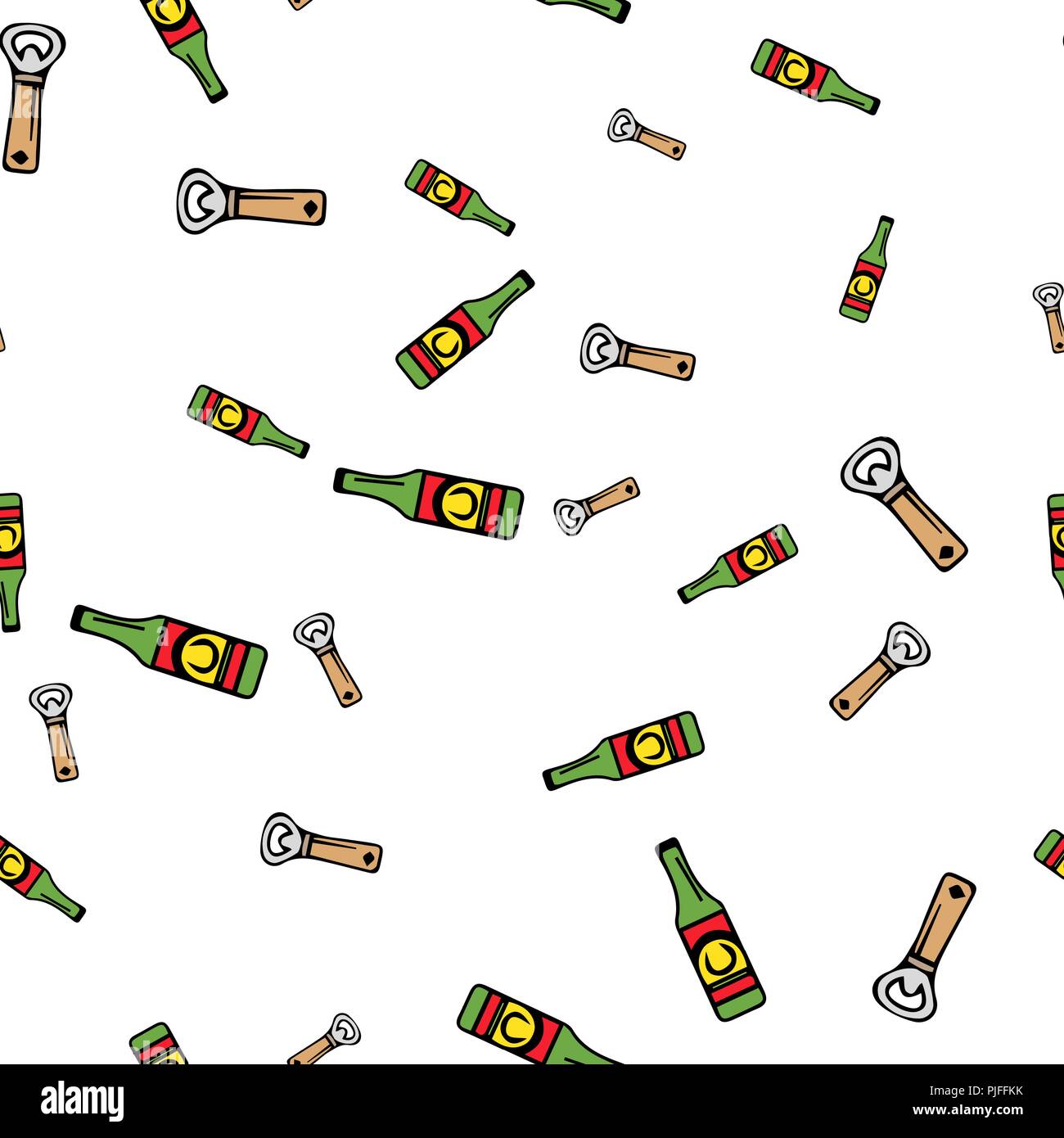 Beer and opener pattern seamless. Vector illustration. Isolated white background. Stock Vector