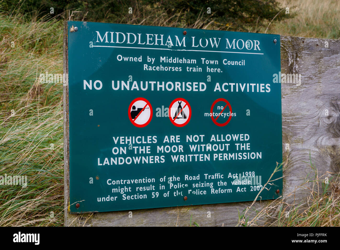 A notice board on Middleham Low Moor regarding the restrictions on activities in the area, Yorkshire, UK. Stock Photo