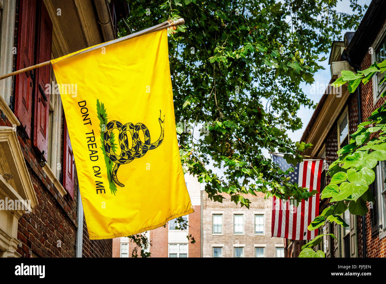 The Gadsden flag, with “Don’t Tread On Me” written on it, was designed by General Christopher Gadsden during the American Revolution. Stock Photo