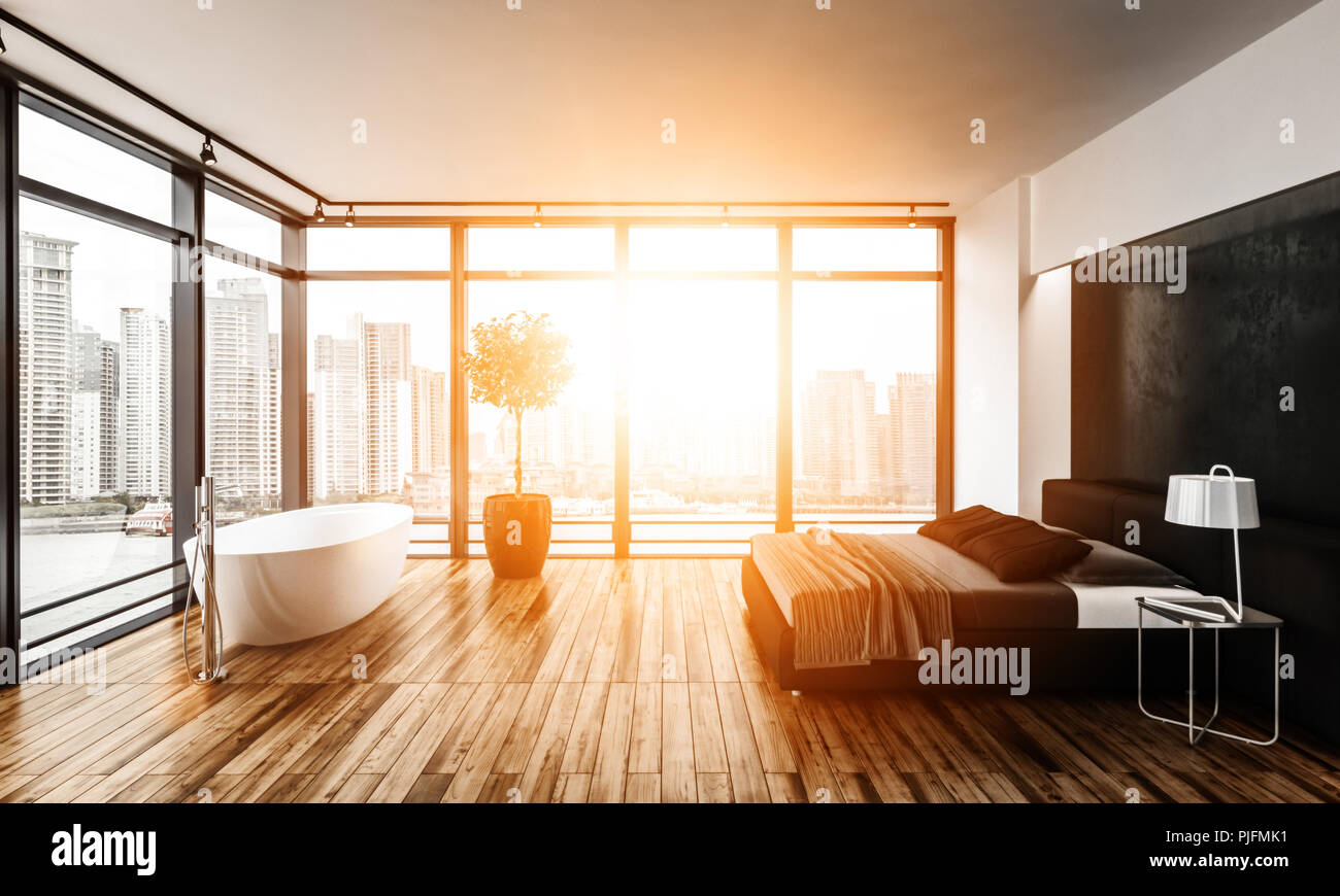 Modern Bedroom With White Bathtub Next To Plant In Pot And